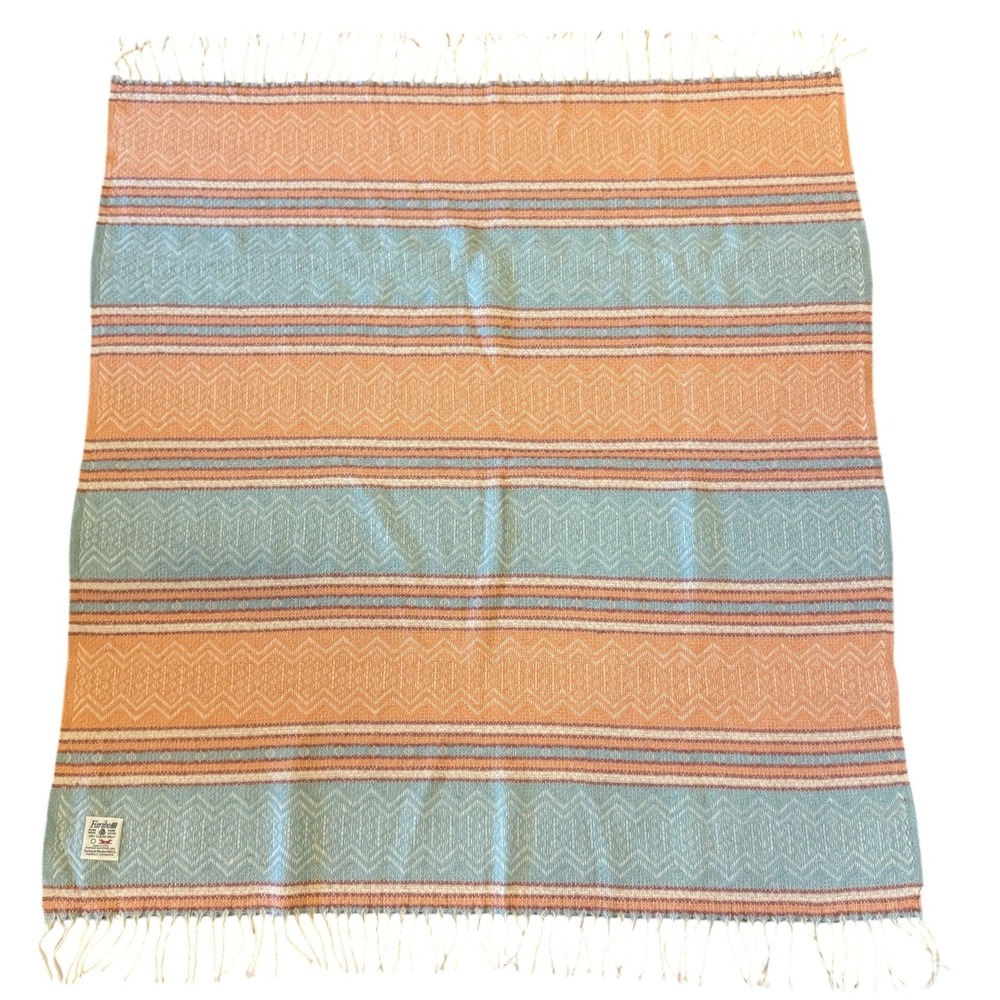 Vintage Faribo Wool Blanket Blue Orange Zigzag Stripe Fringe 48x51 As-Is - Picture 2 of 7